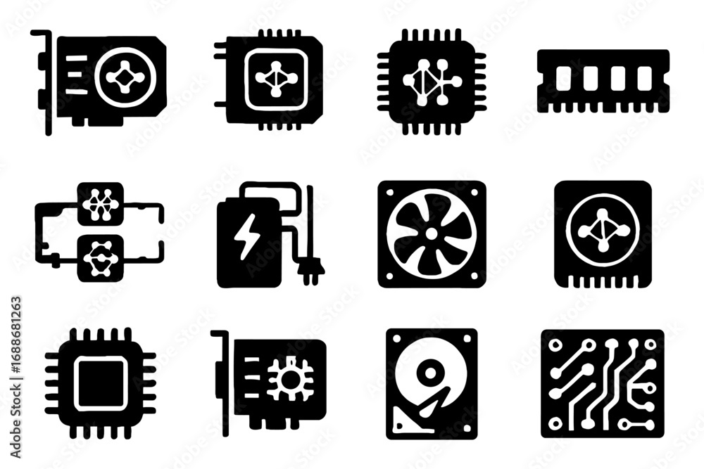 Poster data fans cards storage neural vector circuit icon network processors hardware cooling