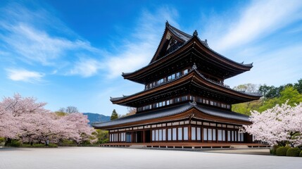 Majestic Japanese Temple Surrounded by Cherry Blossom Trees Under Blue Sky