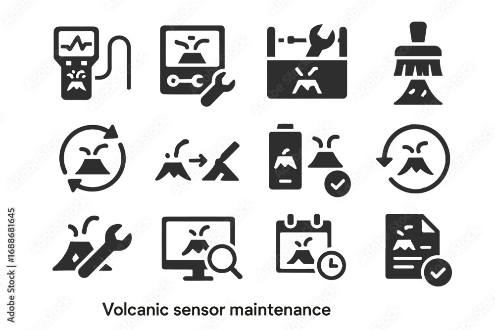 Poster icon report volcanic sensor reboot diagnostic vector brush troubleshooting maintenance calibration k