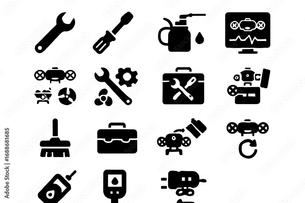 Poster robot underwater tester sensor system parts icon vector oil tools cleaning calibration