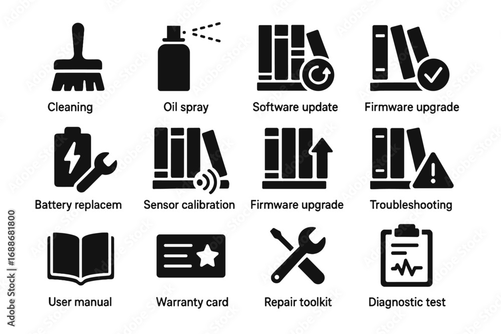 Aufkleber sensor calibration icon diagnostic battery smart spray replacement cleaning vector troubleshooting b