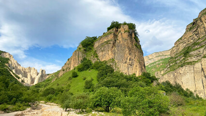 Magical landscapes of Azerbaijan. Majestic mountains, cliffs and hills. Lush green forest on the way from Laza village to Kuzun village