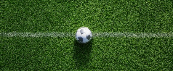 The soccer ball resting on a vibrant green grass field under sunlight.