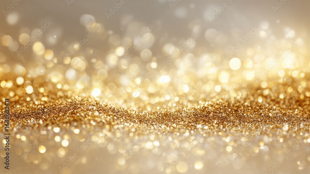 Poster a beautiful display of golden glitter sparkles with light reflections, creating an enchanting ambian