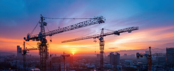 The industrial skyline under a vibrant sunset with construction cranes.