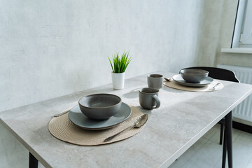 This is a beautifully arranged minimalist dining table set featuring sleek dark gray plates and an elegant decorative plant, creating a sophisticated and contemporary dining atmosphere
