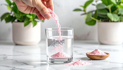 Pink suplement powder dissolving glass water, surrounded by green succulent plants and capsules, promoting healthy hydration and supplementation.