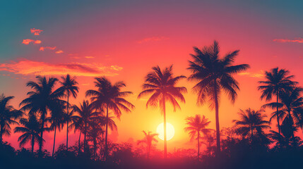Tropical Sunset Beach with Palms and Vibrant Sky Colors - Exotic Travel and Relaxation Destination