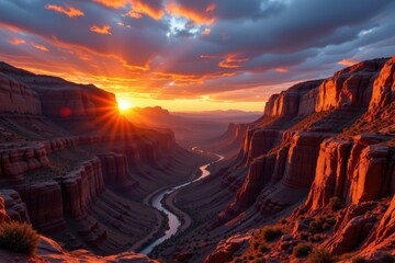 a canyon carved by river erosion over millions of years, towering cliffs rise above a winding river, layered sandstone walls glow at sunset, cinematic panoramic view rendered in photorealistic detail