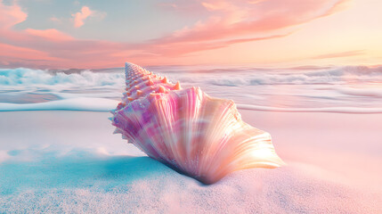 Tranquil Coastal Scene: Shells on Pink Sand Beach at Sunset, Tropical Ocean Vacation Aesthetics