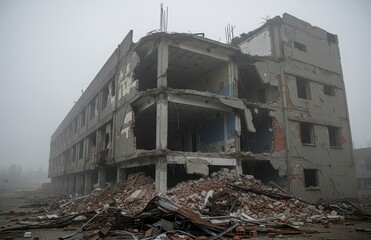 Damaged building collapsing with broken edges rubble piled beneath expressing devastation disaster and emptiness under heavy gray atmosphere evoking tragic emotions and destruction