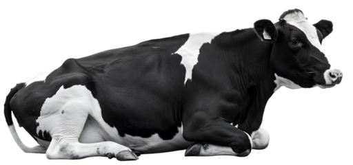 A peaceful black and white cow resting on a grassy field under a clear blue sky, surrounded by nature