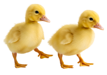 Two fluffy yellow ducklings walking side by side on a white background, showcasing their adorable features