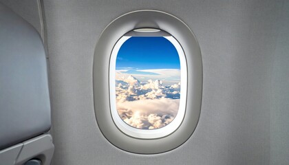 Airplane window bright blue sky reveals fluffy clouds and sunlight, evoking travel inspiration, wanderlust, and peaceful moments above the earth.