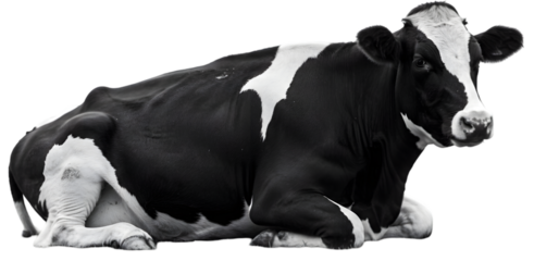 A serene black and white dairy cow resting peacefully on a farm, surrounded by lush green grass and a clear blue sky