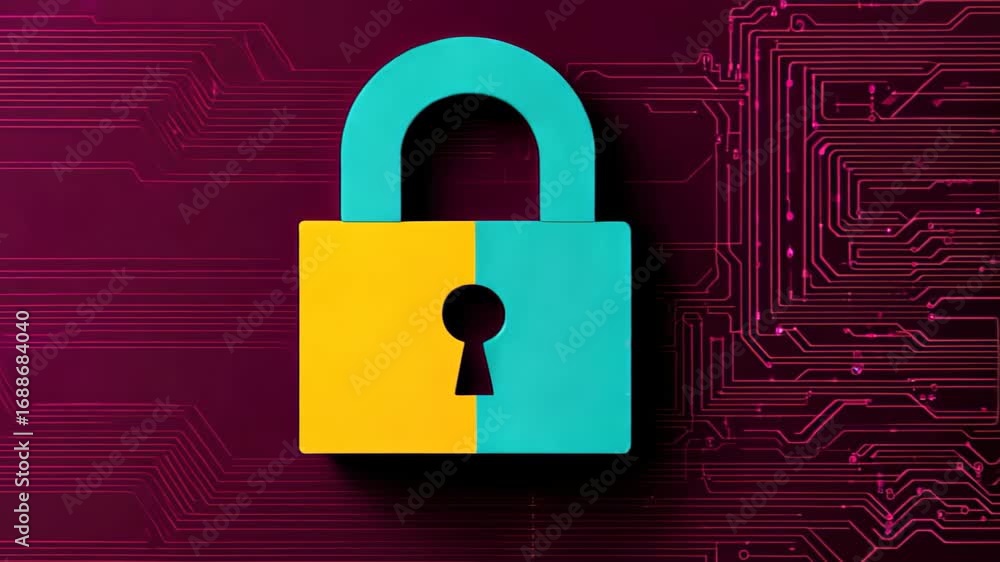Poster a colorful padlock sits on a digital background, symbolizing cybersecurity and the importance of pro