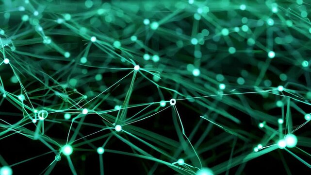 Explore an abstract digital network with intricate connections in green against a black background, representing data flow and technology innovation.