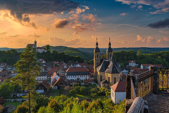 View of Gößweinstein in Franconian Switzerland with its basilica and castle at sunset - Powered by Adobe