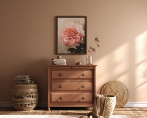 Cozy Living Room: Brown Chest of Drawers with Decor, Stacked Books, and Wicker Basket Against a Warm Sepia Wall