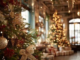 華やかに飾られた室内のクリスマスツリーとプレゼントの温かい風景｜クリスマスツリー,オーナメント,リボン,プレゼント,ライト,室内