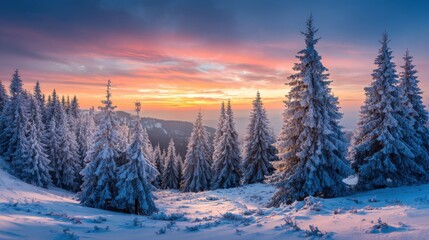 Obraz premium Snow-covered pine trees fill the foreground as the sun sets, casting vibrant colors across the sky and illuminating the winter landscape in the mountains.