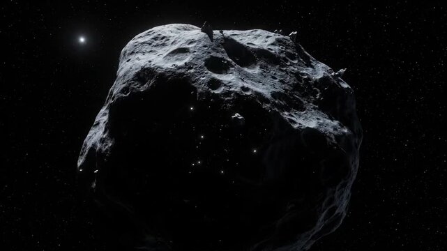 Asteroid Surface Details Revealed During Late Night Exploration in Deep Space, With a Distant Star Visible in the Darkness