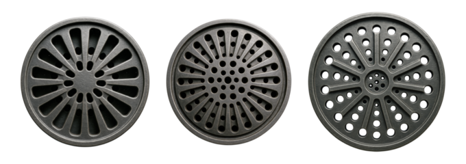 Three Metal Drain Grates, Circular Designs, Various Hole Patterns, Isolated on Transparent and White Background