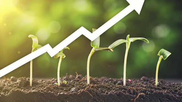 Green Seedlings Growing in Soil with Upward Arrow