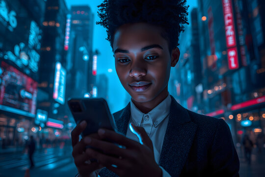 Human using mobile phone with social media networking and business city background.