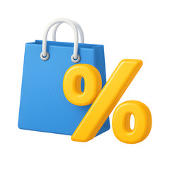 Shopping Event 3D Icon of Sale Percentage in Blue Shopping Bag, PNG Transparency for Modern Marketing Use