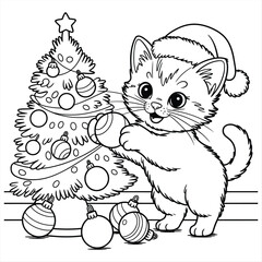 A cute cat wearing a Santa hat wishes happy Merry Christmas gift box coloring page for kids coloring book Print