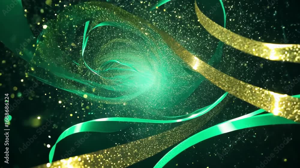Poster experience a mesmerizing blend of vibrant green spirals and golden swirls, creating a dynamic and en