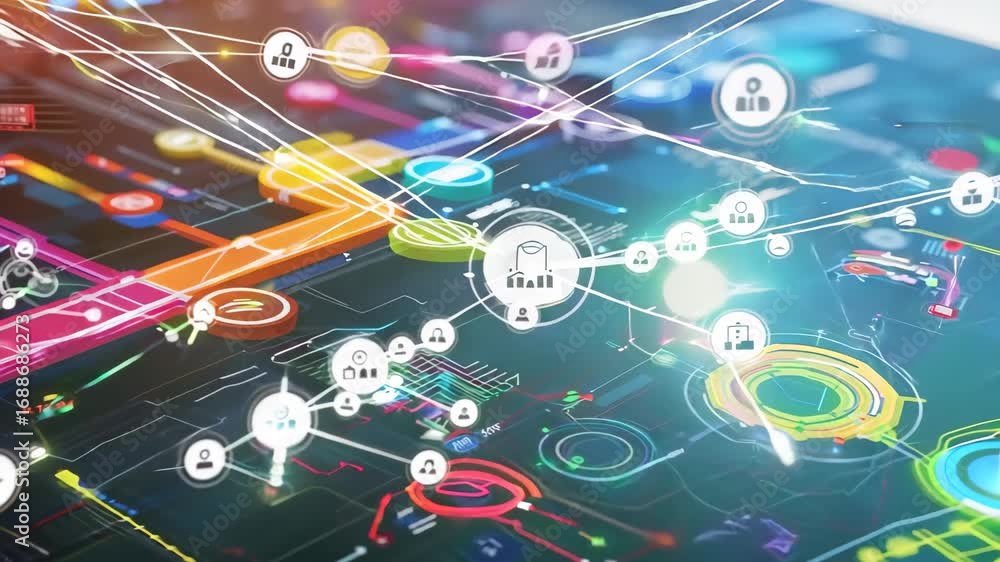 Poster vibrant digital interface featuring various icons and data visualizations that represent technology 