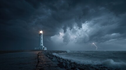 Beacon In The Storm: A Lighthouse Illuminating the Turbulent Sea at Night, Symbolizing Leadership and Vision Amidst the Dramatic Sky