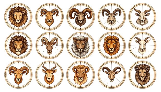 A collection of fifteen circular illustrations, each featuring a stylized animal head, prominently displaying horns or manes. - Powered by Adobe