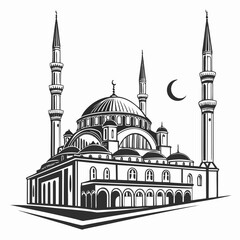 Vector art of detailed illustration of a grand mosque with towering minarets and a crescent moon, reflecting islamic architectural grandeur and cultural heritage