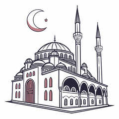 Vector art of detailed line art illustration of a grand mosque with multiple domes and minarets, featuring a crescent moon and star, , capturing the essence of islamic architecture