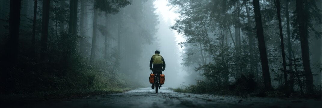 Cyclist Exploring Foggy Forest Trails with Panniers, Embracing Nature on a Touring Adventure