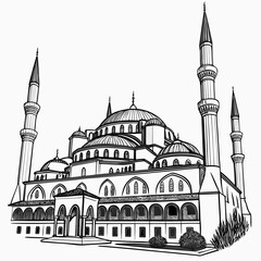 Obraz premium Vector art of detailed line art illustration of the blue mosque in istanbul, turkey, capturing its architectural grandeur with domes, minarets, and intricate details, a timeless symbol