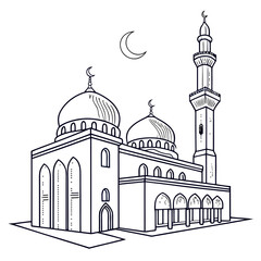 Vector art of detailed line art of a mosque, featuring its domes, minaret, and islamic architectural elements, perfect for illustrating religious themes and cultural heritage