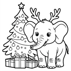 Cute Christmas Elephant in Santa Hat with Gift Line Art kids Coloring Page book Print