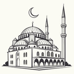 Fototapeta premium Vector art of detailed sketch of a grand mosque with multiple domes and minarets, showcasing islamic architecture the design emphasizes symmetry and detail