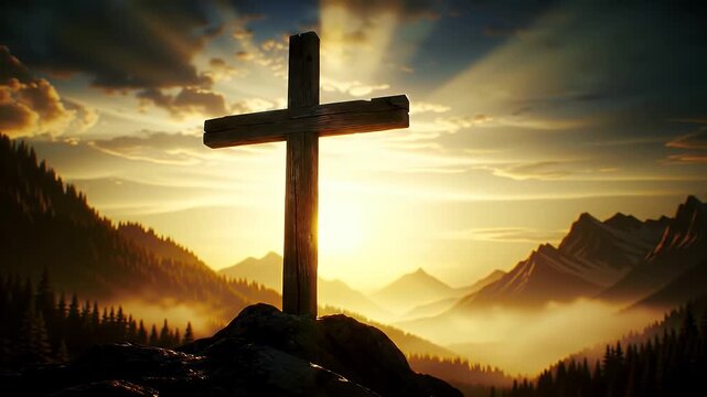 Wooden Cross at Sunrise Over Misty Mountains