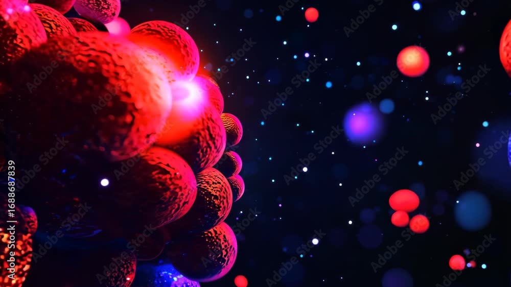 Poster this vibrant digital artwork showcases colorful cellular structures floating in a cosmic space, blen