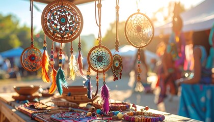 Close-up of dreamcatchers and jewelry at a sunny market stall