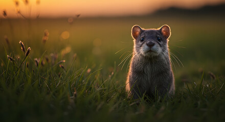 Small gray mammal in a field at sunset.