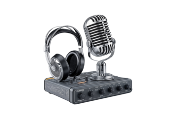 Microphone headphones audio mixer podcast studio recording equipment gear on transparent background