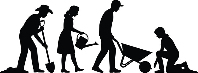 Black silhouette of people gardening together, diverse group working with shovel, watering can, wheelbarrow, teamwork, outdoor activity, community gardening, nature, soil, plants