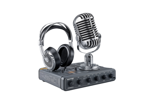 Microphone headphones audio mixer podcast studio recording equipment gear on transparent background