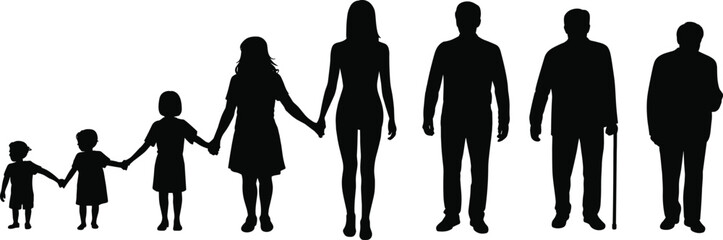 Black silhouette of family holding hands, different generations standing in a row, children to elderly, unity, togetherness, diverse age group, human connection